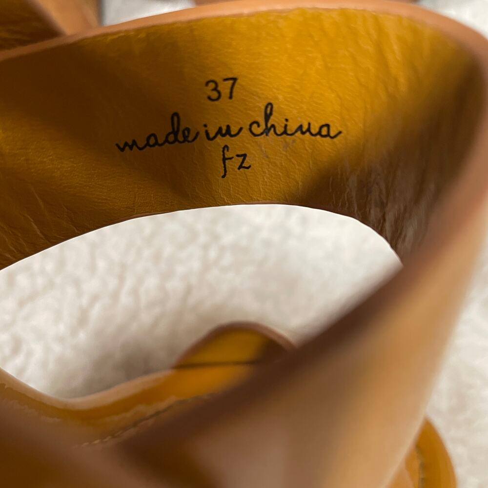 Joie Platform Sandal Heels Tan-Orange Patent Leather Wood Rivets Strappy 37 6.5‎ - Picture 6 of 10